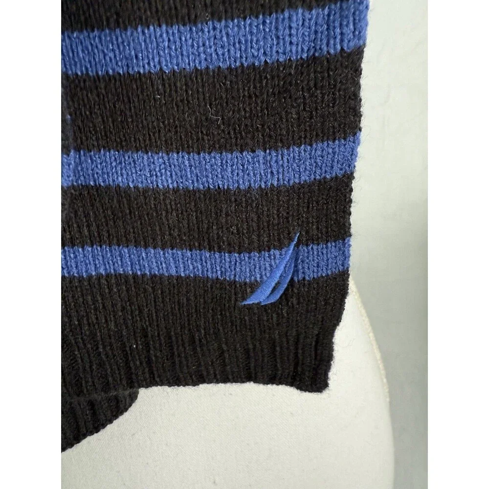 Nautica Men’s Black Blue Striped Knit Scarf Long Logo Winter